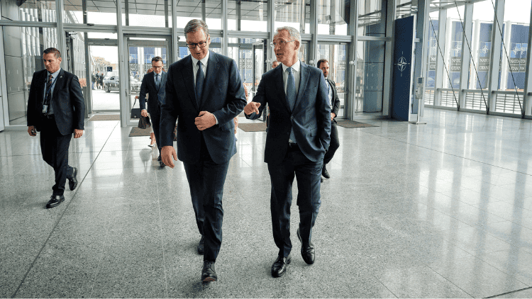 That was then: the North Atlantic Treaty Organization secretary general, Jens Stoltenberg (right), meeting the Serbian president, Aleksandar Vučić, at NATO headquarters in Brussels last August