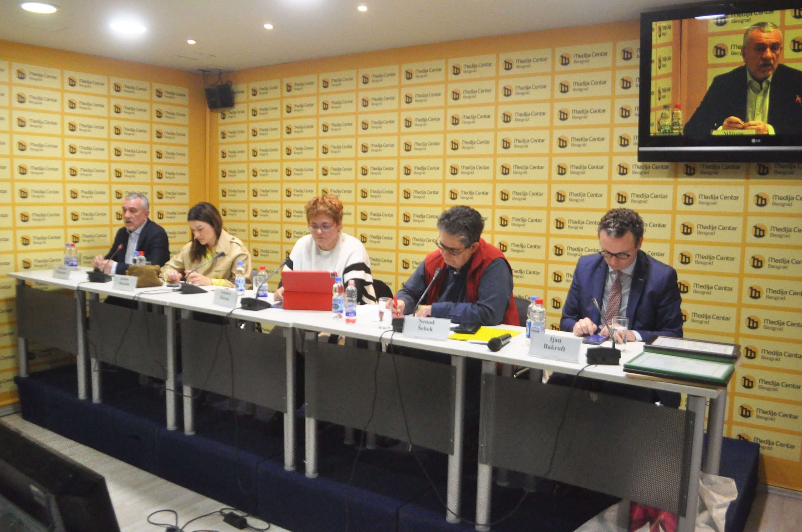 Media Award, Belgrade Media Centre Five people who represent the jury for the media award are sat at a table.